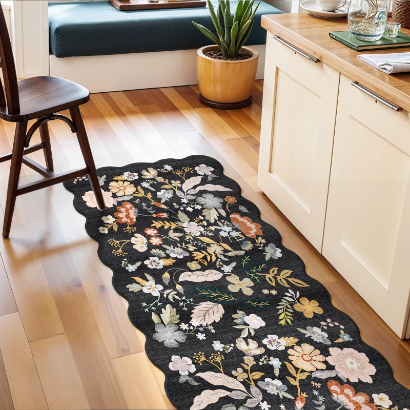 BYYVOO 2x8ft Scalloped Hallway Runner Rug â€“ Non-Slip Washable Boho Floral Carpet Runner for Kitchen, Bathroom, Bedroom & Entryway â€“ Soft Low-Pile Thin Rug with Rubber Backing (Black, 2x8) - Image 2
