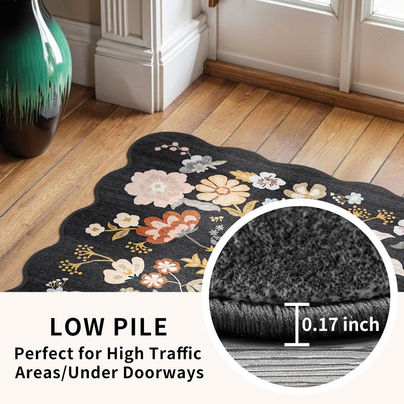 BYYVOO 2x8ft Scalloped Hallway Runner Rug â€“ Non-Slip Washable Boho Floral Carpet Runner for Kitchen, Bathroom, Bedroom & Entryway â€“ Soft Low-Pile Thin Rug with Rubber Backing (Black, 2x8) - Image 5