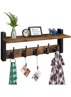 XiuWoo Wall Hooks with Shelf, Wood Coat Rack with Shelf Wall-Mounted, Entryway Hanging Shelf with 5 Metal Hooks for Clothes Hats Towel Purse Robes, Bathroom Mudroom Bedroom, Rustic Brown  - Image 1