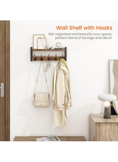 XiuWoo Wall Hooks with Shelf, Wood Coat Rack with Shelf Wall-Mounted, Entryway Hanging Shelf with 5 Metal Hooks for Clothes Hats Towel Purse Robes, Bathroom Mudroom Bedroom, Rustic Brown  - Image 2