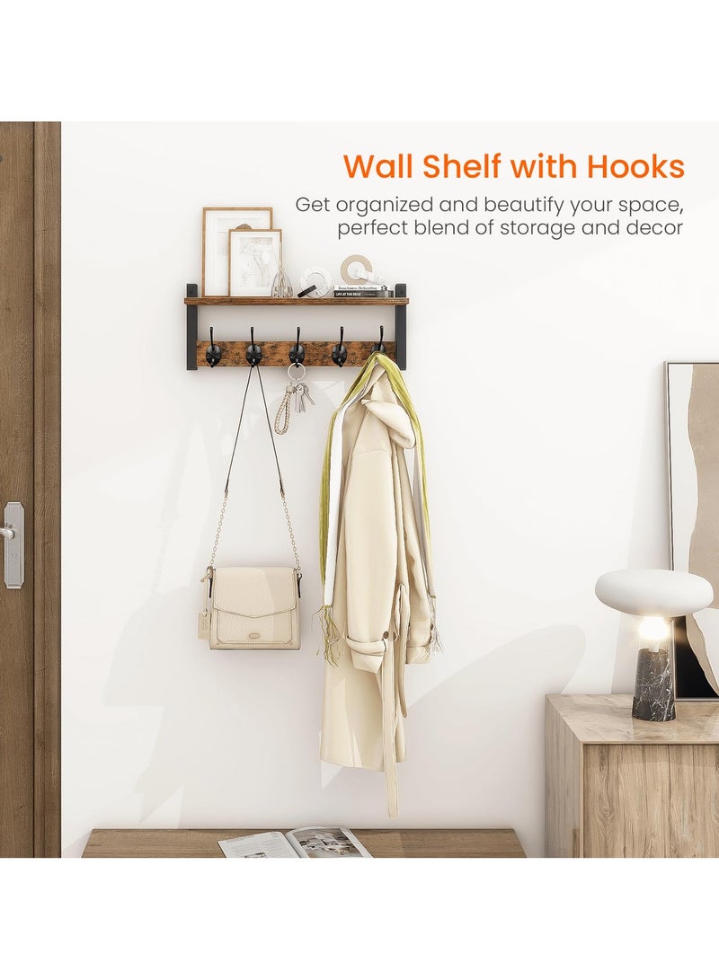 XiuWoo Wall Hooks with Shelf, Wood Coat Rack with Shelf Wall-Mounted, Entryway Hanging Shelf with 5 Metal Hooks for Clothes Hats Towel Purse Robes, Bathroom Mudroom Bedroom, Rustic Brown  - Image 2