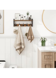 XiuWoo Wall Hooks with Shelf, Wood Coat Rack with Shelf Wall-Mounted, Entryway Hanging Shelf with 5 Metal Hooks for Clothes Hats Towel Purse Robes, Bathroom Mudroom Bedroom, Rustic Brown  - Image 3