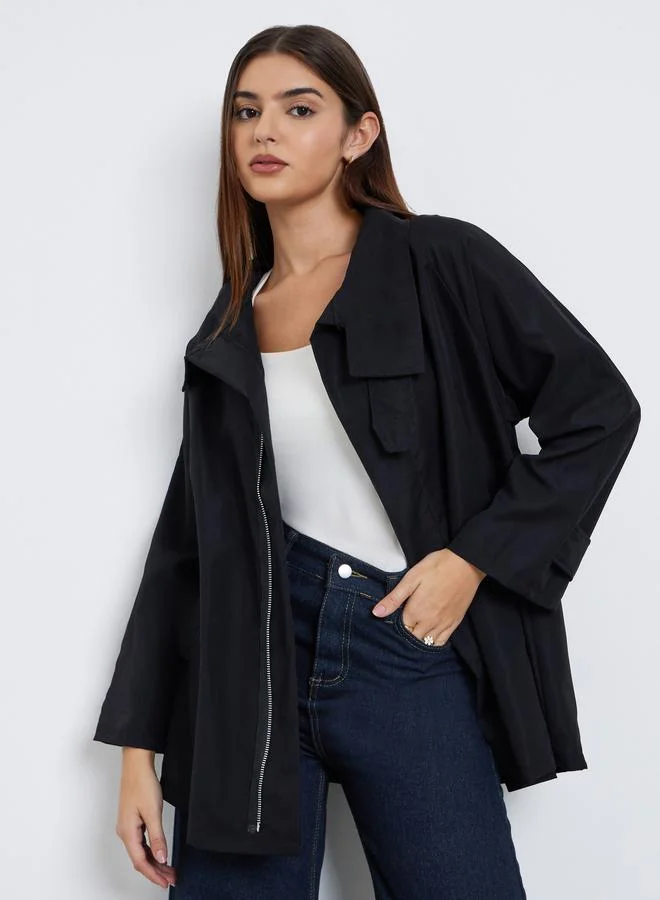 Styli Black Longline Utility Trench Jacket