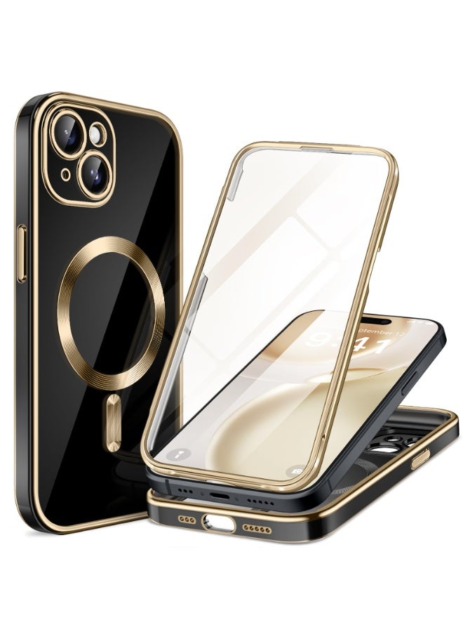 بيرفي جراب مغناطيسي لهاتف iPhone 15 متوافق مع Magsafe، جراب متين كامل الجسم مزود بواقي شاشة زجاجي مقوى 9H مدمج وحماية كاملة للكاميرا، جراب هاتف شفاف مقاوم للصدمات لهاتف iPhone 15، أسود ذهبي - Image 1
