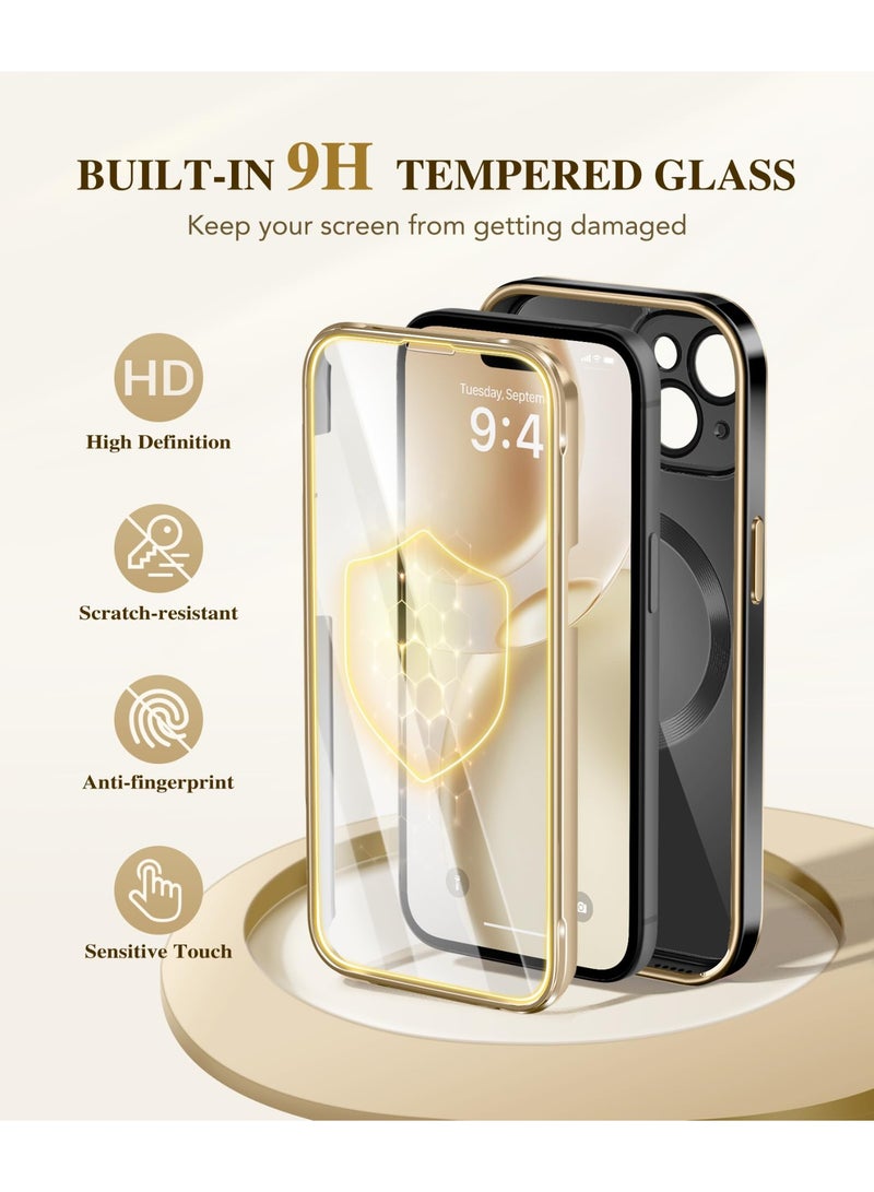 بيرفي جراب مغناطيسي لهاتف iPhone 15 متوافق مع Magsafe، جراب متين كامل الجسم مزود بواقي شاشة زجاجي مقوى 9H مدمج وحماية كاملة للكاميرا، جراب هاتف شفاف مقاوم للصدمات لهاتف iPhone 15، أسود ذهبي - Image 4