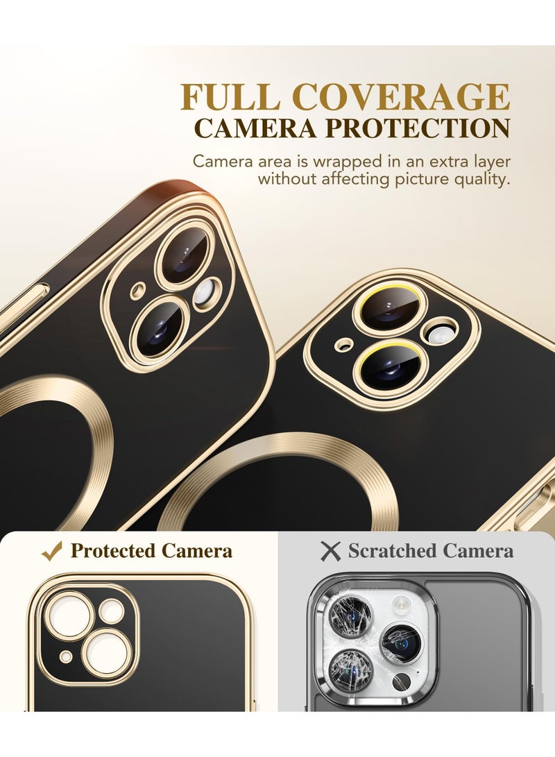 بيرفي جراب مغناطيسي لهاتف iPhone 15 متوافق مع Magsafe، جراب متين كامل الجسم مزود بواقي شاشة زجاجي مقوى 9H مدمج وحماية كاملة للكاميرا، جراب هاتف شفاف مقاوم للصدمات لهاتف iPhone 15، أسود ذهبي - Image 3