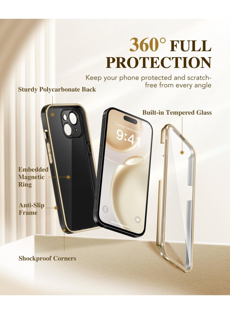 بيرفي جراب مغناطيسي لهاتف iPhone 15 متوافق مع Magsafe، جراب متين كامل الجسم مزود بواقي شاشة زجاجي مقوى 9H مدمج وحماية كاملة للكاميرا، جراب هاتف شفاف مقاوم للصدمات لهاتف iPhone 15، أسود ذهبي - Image 2