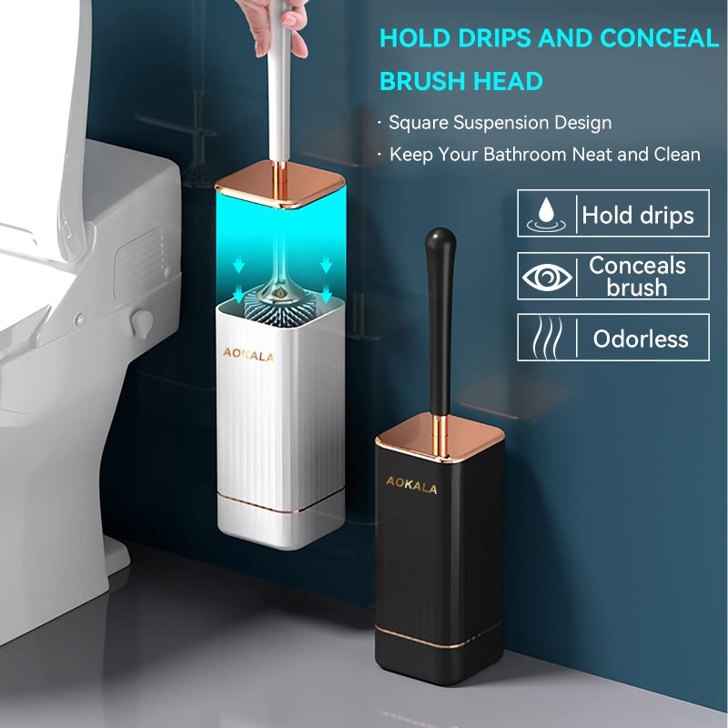 Aokala Toilet Brush and Holder, Elegant 2 Pack Silicone Toilet Bowl Brush Set with Ergonomic Long Handle, Modern Bathroom Decor Cleaning Accessories, Durable, Deep Cleaning - Black & White - Image 3