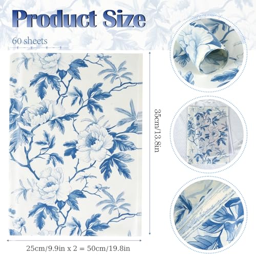 KESTAR 60 Sheets Blue Floral Tissue Paper, 14" x 20" Blue White Peony Flower Tissue Paper Bulk for Gift Bags, Vintage Chinoiserie Gift Wrapping Tissue for Crafts Packaging Wedding Birthday Party Decor - Image 5