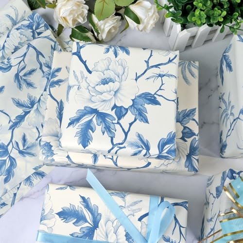 KESTAR 60 Sheets Blue Floral Tissue Paper, 14" x 20" Blue White Peony Flower Tissue Paper Bulk for Gift Bags, Vintage Chinoiserie Gift Wrapping Tissue for Crafts Packaging Wedding Birthday Party Decor - Image 2