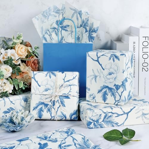 KESTAR 60 Sheets Blue Floral Tissue Paper, 14" x 20" Blue White Peony Flower Tissue Paper Bulk for Gift Bags, Vintage Chinoiserie Gift Wrapping Tissue for Crafts Packaging Wedding Birthday Party Decor - Image 4