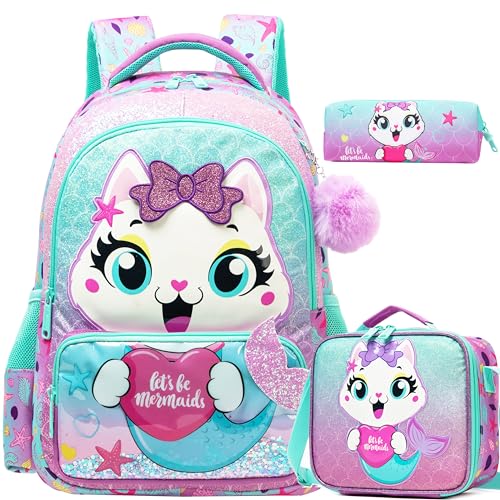 Meetbelify Kids Cut Cat Backpacks for Girls School Backpack with Lunch Bag for Elmentary Students Kids Travel Bookbag for Girls Age 6-12 - Image 1