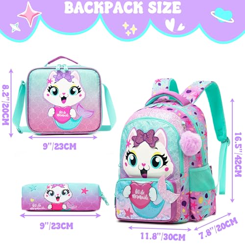 Meetbelify Kids Cut Cat Backpacks for Girls School Backpack with Lunch Bag for Elmentary Students Kids Travel Bookbag for Girls Age 6-12 - Image 2