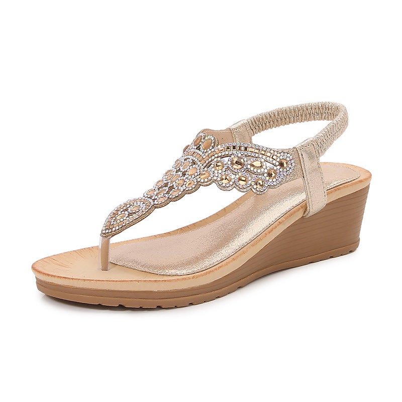 2026 Ladies Shoes Bohemian New Fashion Rhinestone Sandals Korean Style Thick-Soled Wedge Women''s Shoes - Image 1