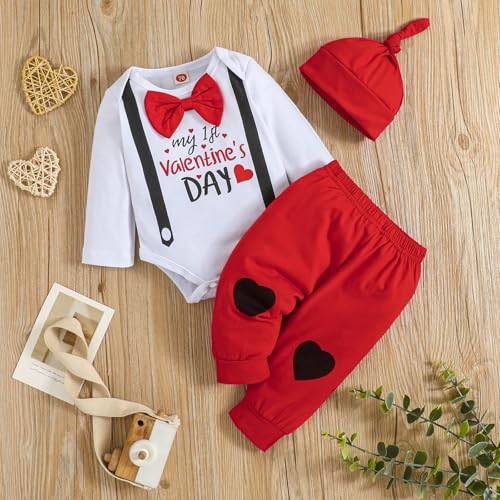 ODIMAME My 1St Valentines Baby Boy Outfits 3-6 Months Newborn Romper Clothes Pants Set Cute Hat Red 80cm - Image 2