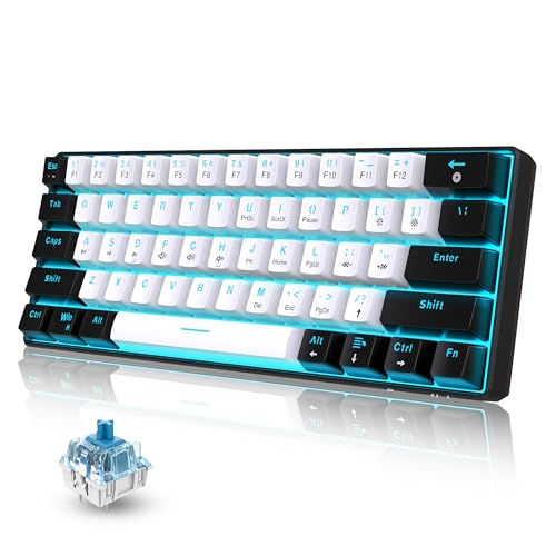 Snpurdiri 60% Wired Mechanical Gaming Keyboard, Ice Blue LED Backlit 61 Keys Mini Wired Office Keyboard for Windows Laptop PC Mac (Black-White, Blue Switches) - Image 1