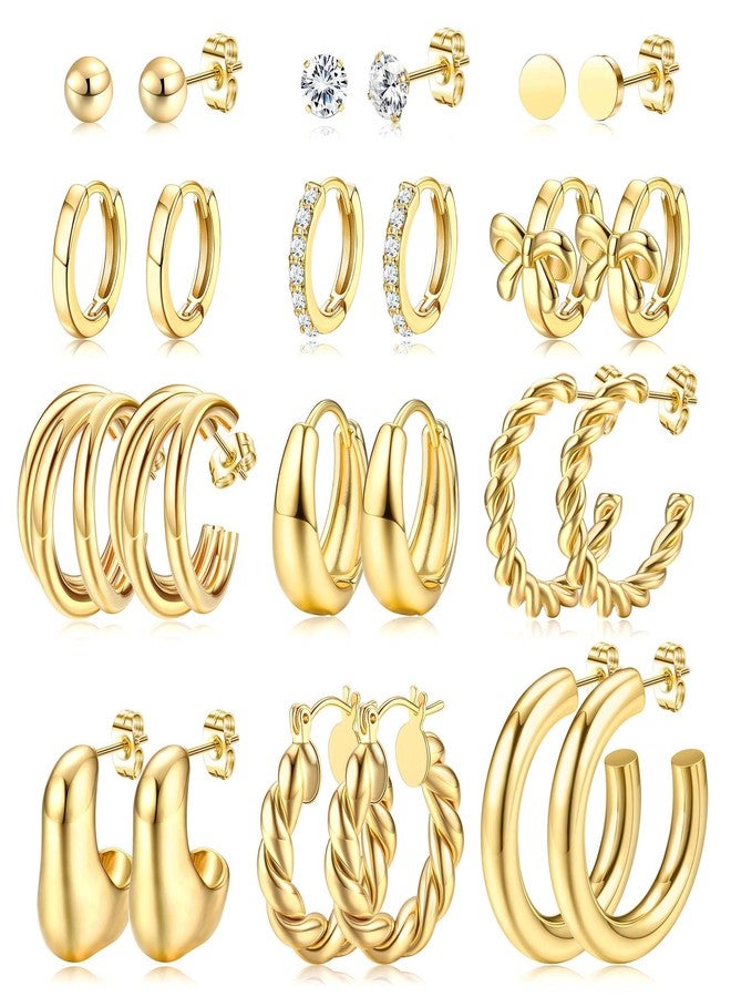 Besteel Chunky Gold Hoop Earrings for Women - Hypoallergenic 14K Gold Plated Stud Huggie Earing Stacks Set Thick Stainless Surgical Steel Pack Jewelry for Sensitive Ears Trendy 12 Pairs, Stainless Steel - Image 1