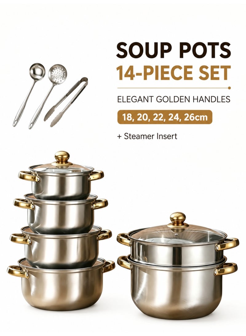 14 Piece Stainless Steel Cookware Set With Steamer Utensils Stock Pot Golden Handles Induction Compatible Ideal For Soup Steaming Daily Home Cooking Great For Household Use And Gifting - Image 1