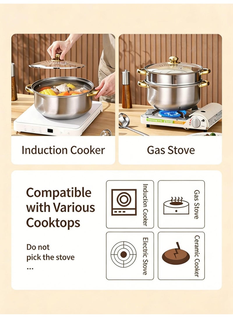 14 Piece Stainless Steel Cookware Set With Steamer Utensils Stock Pot Golden Handles Induction Compatible Ideal For Soup Steaming Daily Home Cooking Great For Household Use And Gifting - Image 5