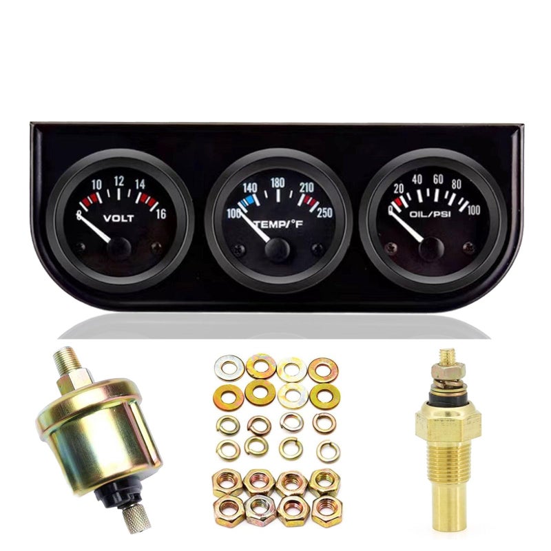 BLLYOGU 52mm 3-in-1 Car Gauge Kit - Voltage Meter, Water Temperature, and Oil Pressure Gauges - Auto Dashboard Triple Gauge Set for 12V Cars(Black) - Image 1
