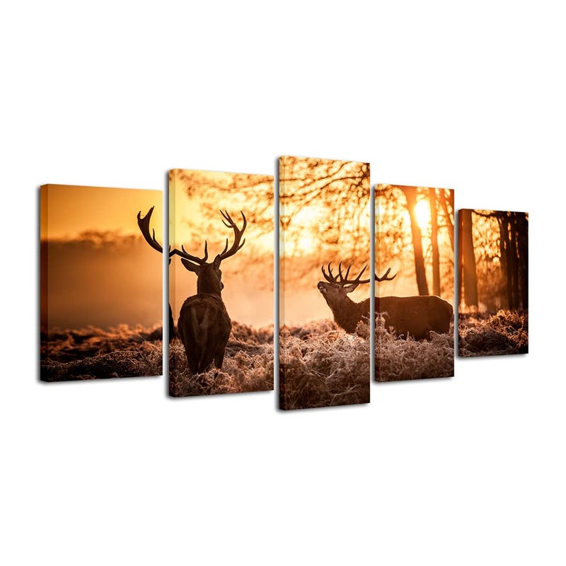 Pyradecor Brown Canvas Prints Wall Art Deer Elks in Autumn Sunset Forest Pictures Paintings for Living Room Bedroom Kitchen Home Decorations 5 Piece Modern Giclee Animal Scenery Landscape Artwork - Image 1