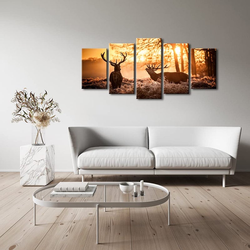 Pyradecor Brown Canvas Prints Wall Art Deer Elks in Autumn Sunset Forest Pictures Paintings for Living Room Bedroom Kitchen Home Decorations 5 Piece Modern Giclee Animal Scenery Landscape Artwork - Image 4