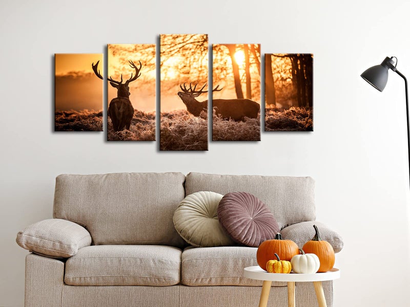 Pyradecor Brown Canvas Prints Wall Art Deer Elks in Autumn Sunset Forest Pictures Paintings for Living Room Bedroom Kitchen Home Decorations 5 Piece Modern Giclee Animal Scenery Landscape Artwork - Image 5