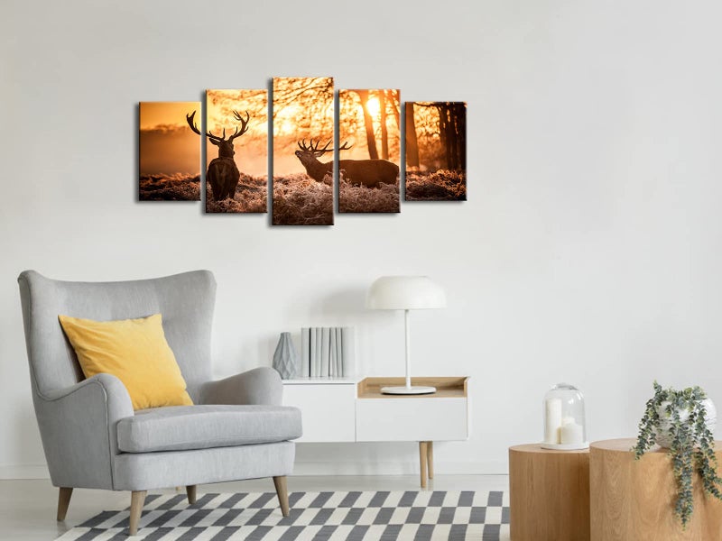 Pyradecor Brown Canvas Prints Wall Art Deer Elks in Autumn Sunset Forest Pictures Paintings for Living Room Bedroom Kitchen Home Decorations 5 Piece Modern Giclee Animal Scenery Landscape Artwork - Image 3