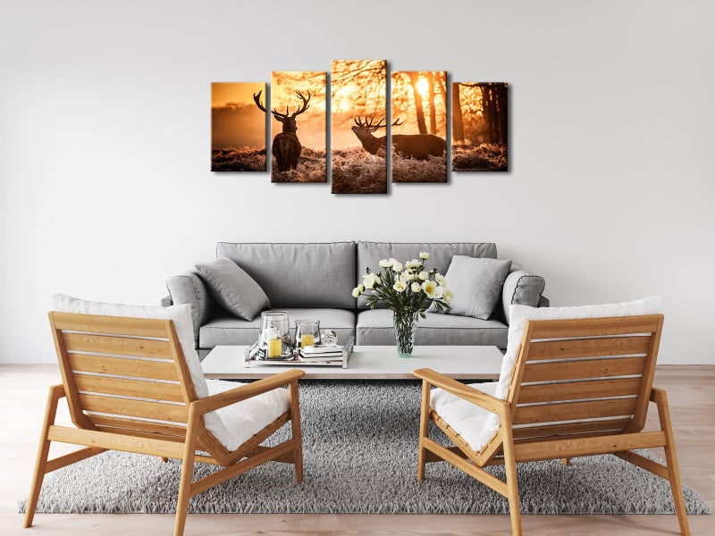 Pyradecor Brown Canvas Prints Wall Art Deer Elks in Autumn Sunset Forest Pictures Paintings for Living Room Bedroom Kitchen Home Decorations 5 Piece Modern Giclee Animal Scenery Landscape Artwork - Image 2