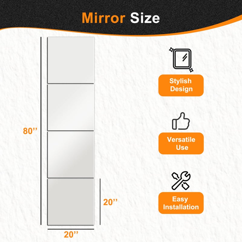 Delma Frameless Mirror Tiles 20"x20"x4 Pcs Wall Mounted, Shatter Resistant Full Length Tempered Glass Panels for Home Gym Bathroom Bedroom & Living Room Decor - Image 5