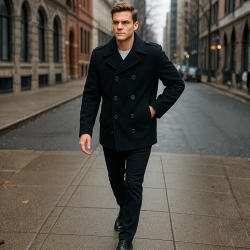 Alpine Swiss Jake Mens Wool Pea Coat Double Breasted Jacket Black XL - Image 4