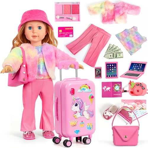 WONDOLL 26 PCS American18 inch Doll Clothes and Accessories -Travel Suitcase Luggage, Clothes and Shoes, Bag, Sunglasses, Camera, Passport, Notebook, Phone, pad Travel Gear Play Set(No Doll) - Image 1