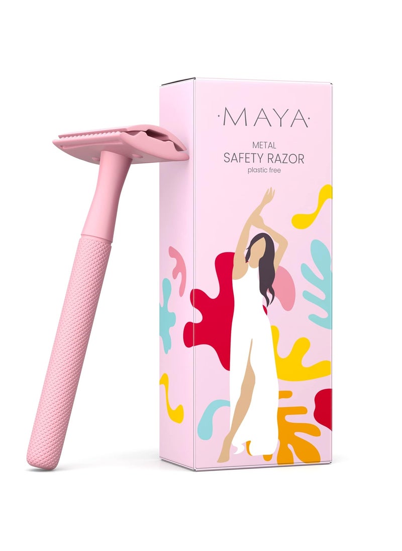 Maya Womens Safety Razor Pink Metal Double Edge Razor No Blades Eco Friendly Ladies Shaver for Girls with Sensitive Skin 