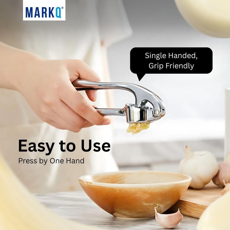 MARKQ ضغط الثوم من الفولاذ المقاوم للصدأ - أداة سحق وهرس الثوم المريحة | ضاغط ثوم سهل الضغط مع مقبض ناعم، مقاوم للصدأ وآمن في غسالة الصحون، عبوة من 1 - Image 2