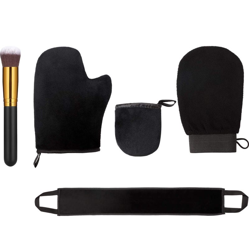 Boao 5 Pieces Self Tanning Mitt Applicator Kit, Includes Tanning Mitt, Exfoliating Glove, Mini Face Glove, Back Lotion Applicator, and Large Brush Makeup - Image 1