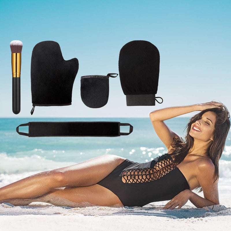 Boao 5 Pieces Self Tanning Mitt Applicator Kit, Includes Tanning Mitt, Exfoliating Glove, Mini Face Glove, Back Lotion Applicator, and Large Brush Makeup - Image 3