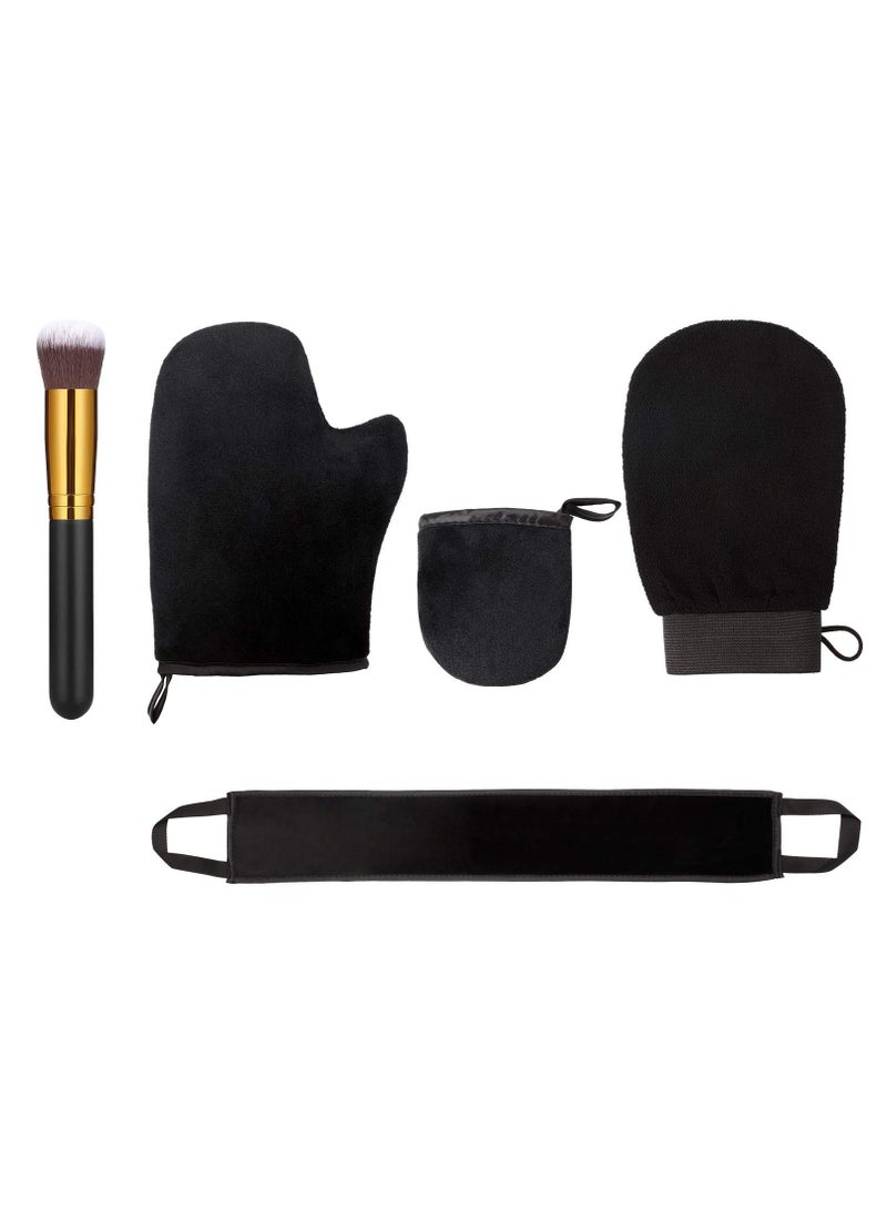 BOAO 5 Pieces Self Tanning Mitt Applicator Kit, Includes Exfoliating Glove, Tanning Mitt, Mini Face Mitt, Back Lotion Applicator with Self Tanner Brush Large Flat Top Makeup Brush (Black)  - Image 1