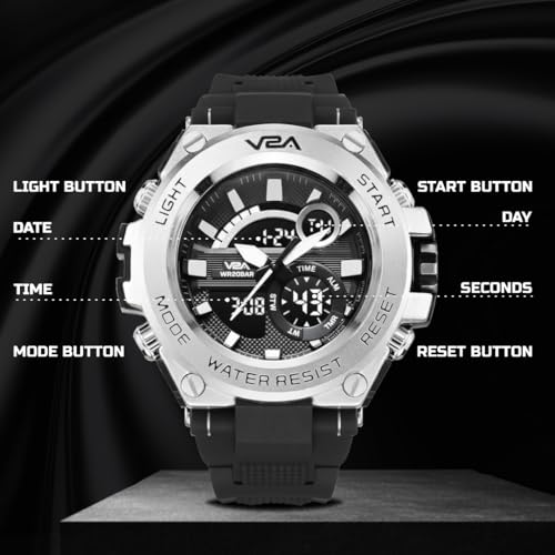 V2A Resin Chronograph Analogue And Digital Sports Watch For Men (Silver), Black Dial, Black Band - Image 4