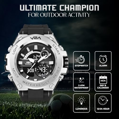 V2A Resin Chronograph Analogue And Digital Sports Watch For Men (Silver), Black Dial, Black Band - Image 2