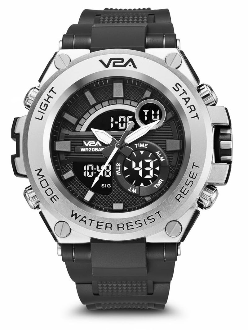 V2A Resin Chronograph Analogue And Digital Sports Watch For Men (Silver), Black Dial, Black Band - Image 1