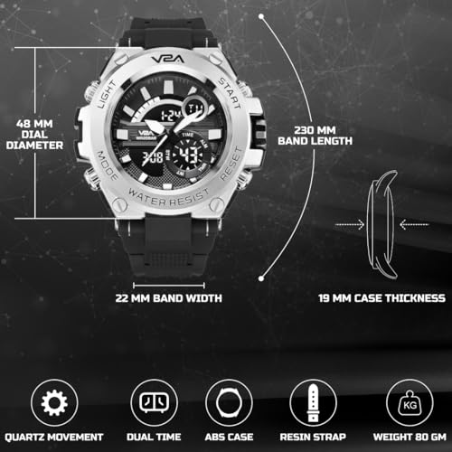 V2A Resin Chronograph Analogue And Digital Sports Watch For Men (Silver), Black Dial, Black Band - Image 3