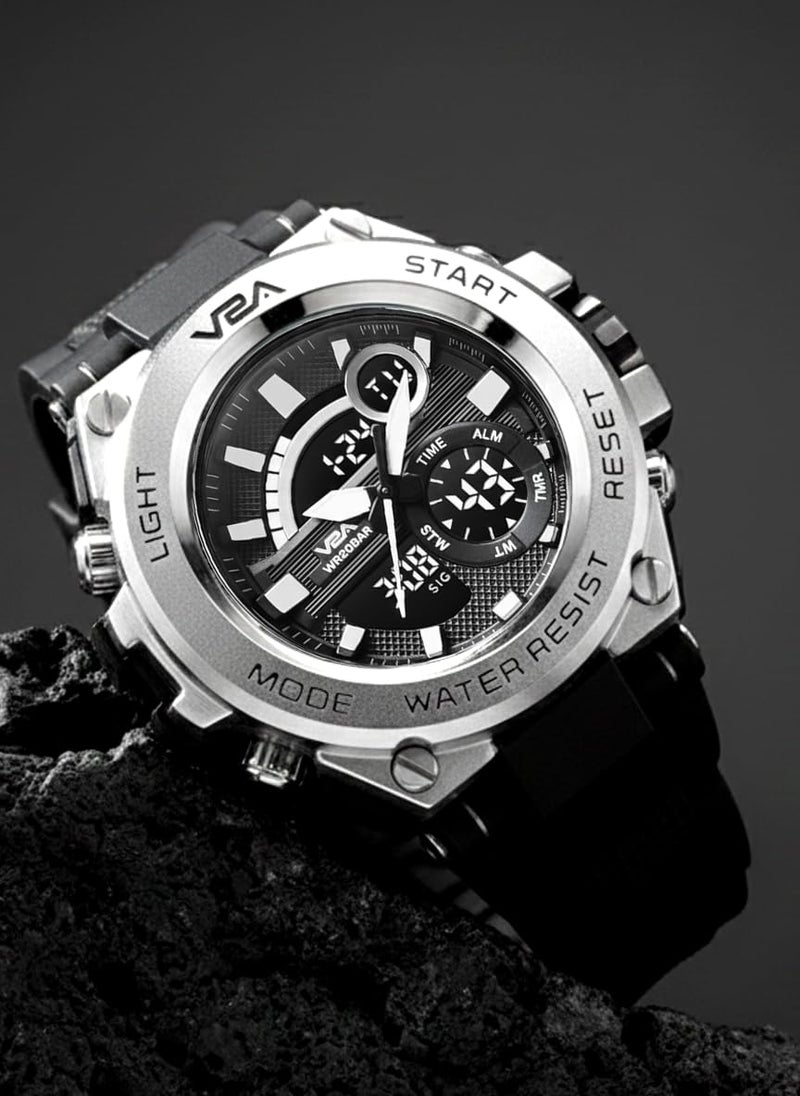 V2A Resin Chronograph Analogue And Digital Sports Watch For Men (Silver), Black Dial, Black Band - Image 5