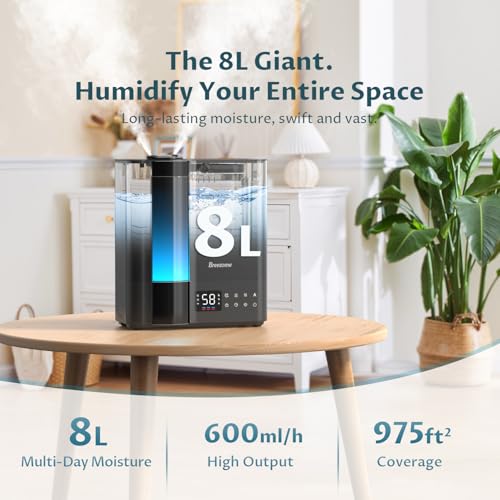 BREEZOME 8L Humidifiers for Bedroom, Warm & Cool Mist for Large Room Home, Top Fill Ultrasonic Humidifier, Humidity Sensor, Essential Oil, 60H Runtime, Quiet for Baby, Plants, Fast Relief - Image 4