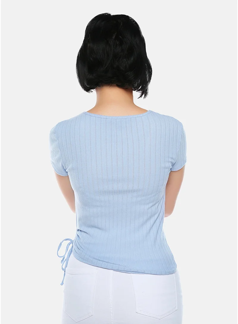 London Rag CL8402_AQUA BLUE London Rag Periwinkle Blue Solid Rib Knit Wrap Top for Women | Best Price UAE