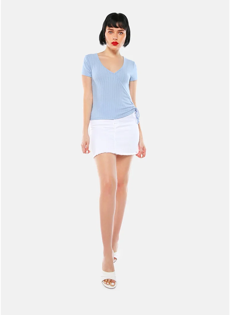London Rag CL8402_AQUA BLUE London Rag Periwinkle Blue Solid Rib Knit Wrap Top for Women | Best Price UAE