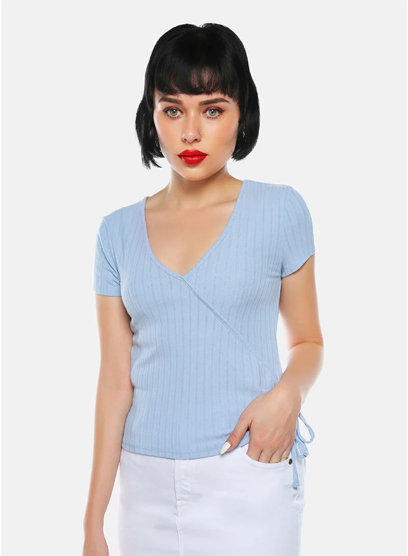 London Rag Periwinkle Blue Solid Rib Knit Wrap Top