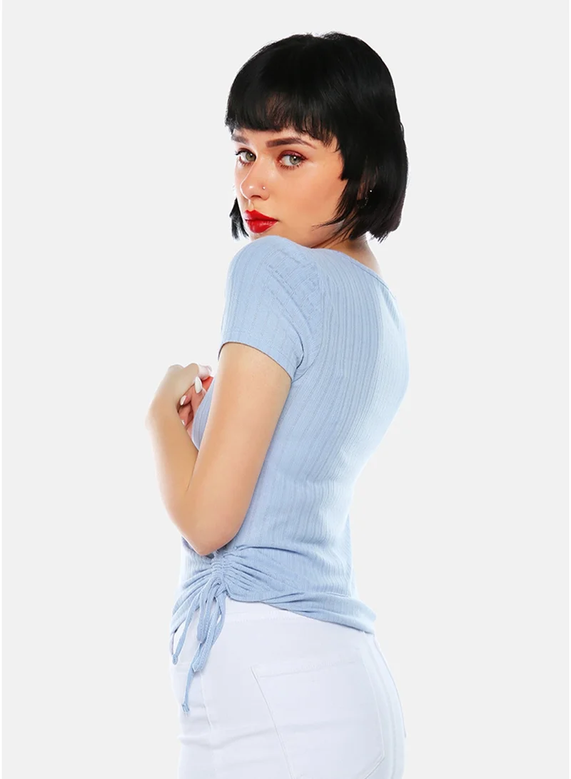 London Rag CL8402_AQUA BLUE London Rag Periwinkle Blue Solid Rib Knit Wrap Top for Women | Best Price UAE