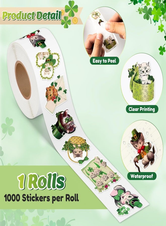 Eartim St Patrick's Day Vintage Cat Sticker Rolls - 1000Pcs Lucky Charms Stickers Waterproof Self-Adhesive Decorative Decal for St Patrick's Day Party Gift Pet Lover Kids Birthday Favor Student Reward - Image 2
