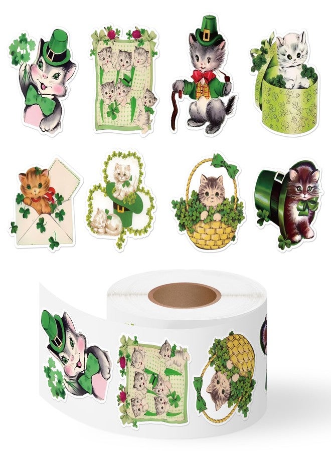 Eartim St Patrick's Day Vintage Cat Sticker Rolls - 1000Pcs Lucky Charms Stickers Waterproof Self-Adhesive Decorative Decal for St Patrick's Day Party Gift Pet Lover Kids Birthday Favor Student Reward - Image 1