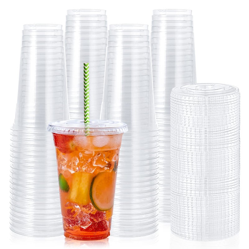 Lilymicky 90 Sets 20 oz Clear Plastic Cups With Flat Lids Disposable Drinking Cups 20 oz Plastic Cups for Ice Coffee Smoothie Slurpee or Any Cold Drinks